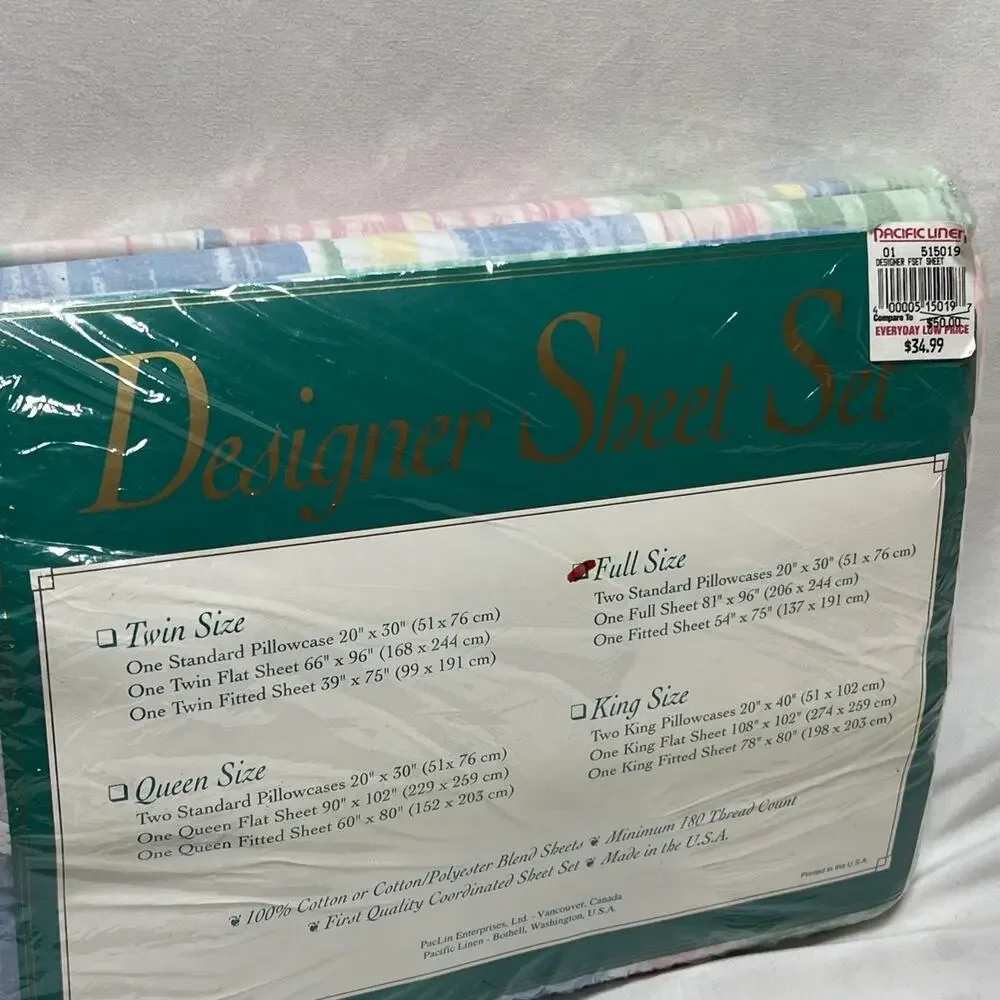 Vintage Designer Sheet Set Full Pastel Watercolor Stripes Flat Fitted Pillowcase